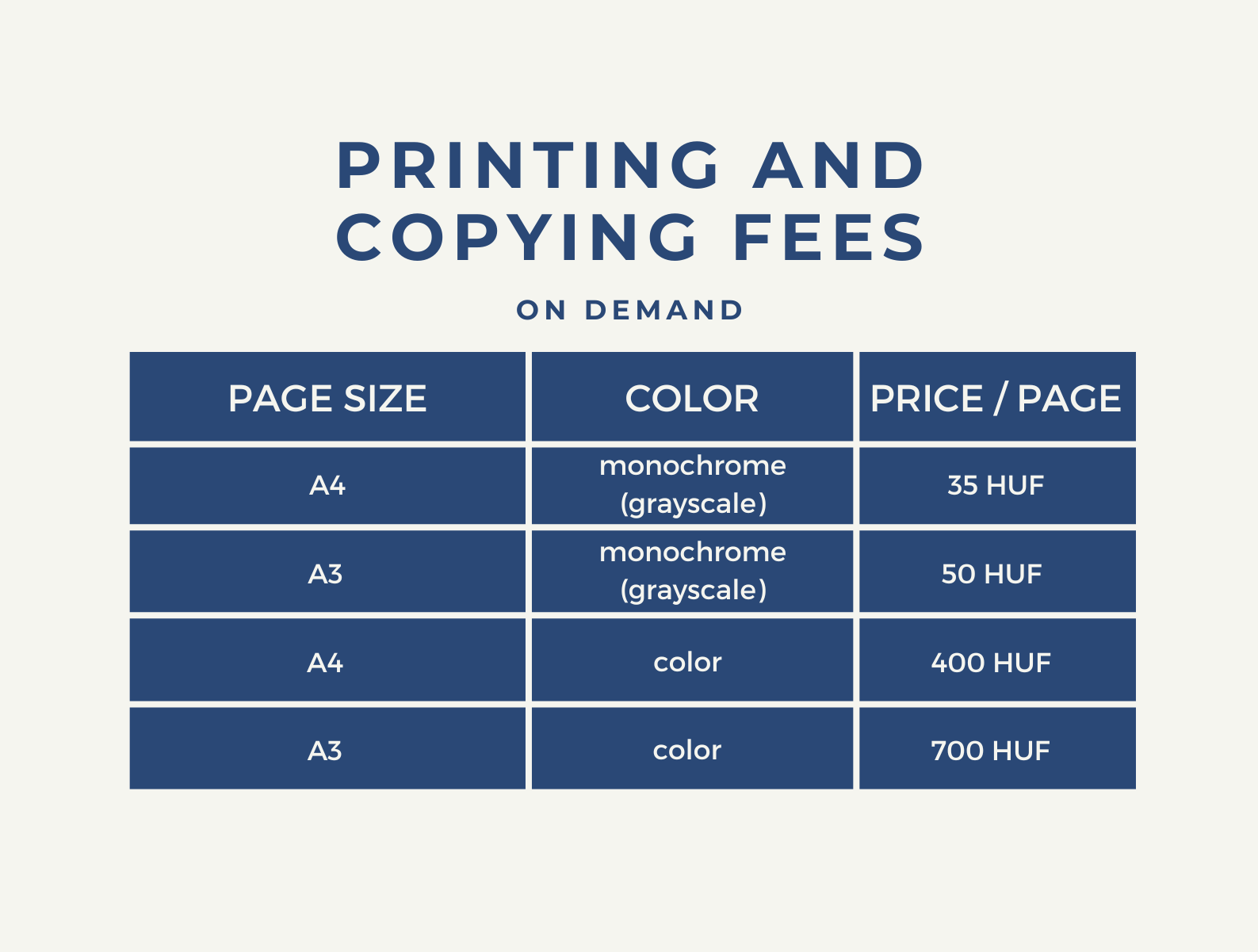 Price table printing to order: A4 black and white 35 HUF/page, A3 black and white 60 HUF/page, A4 color 400 HUF/page, A3 color 700 HUF/page