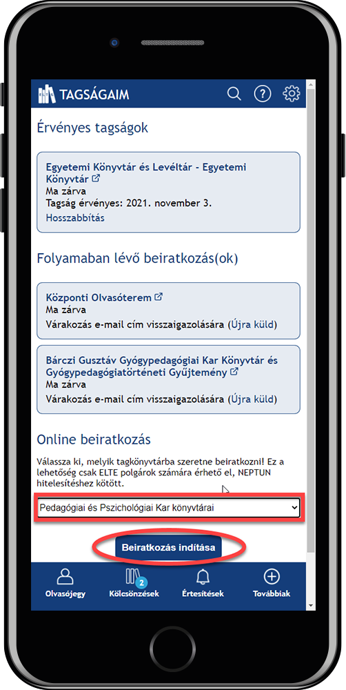 A kép az ELTE Könyvtár WebApp képernyőképét mutatja.